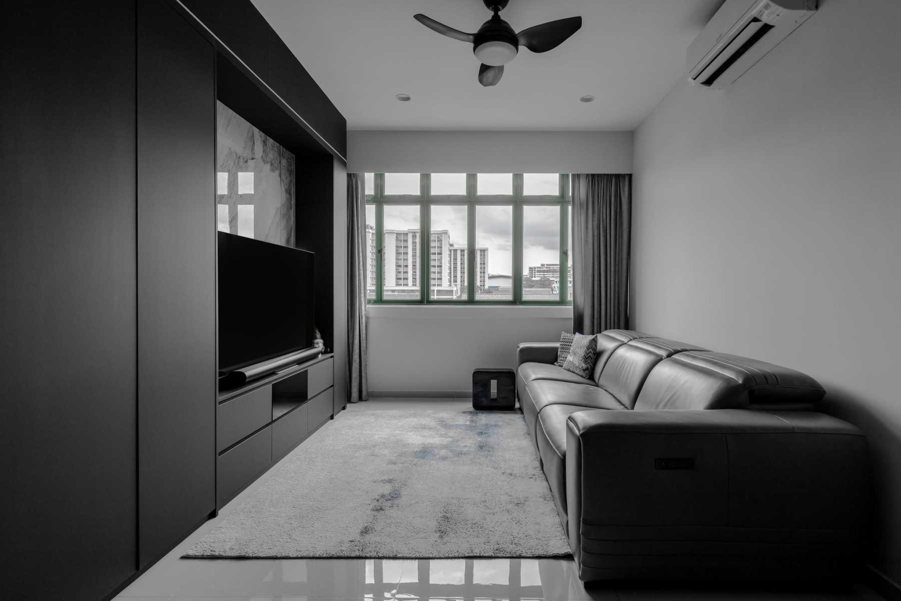 Minimalist Living Room with Feature Wall and Ceiling Fan
