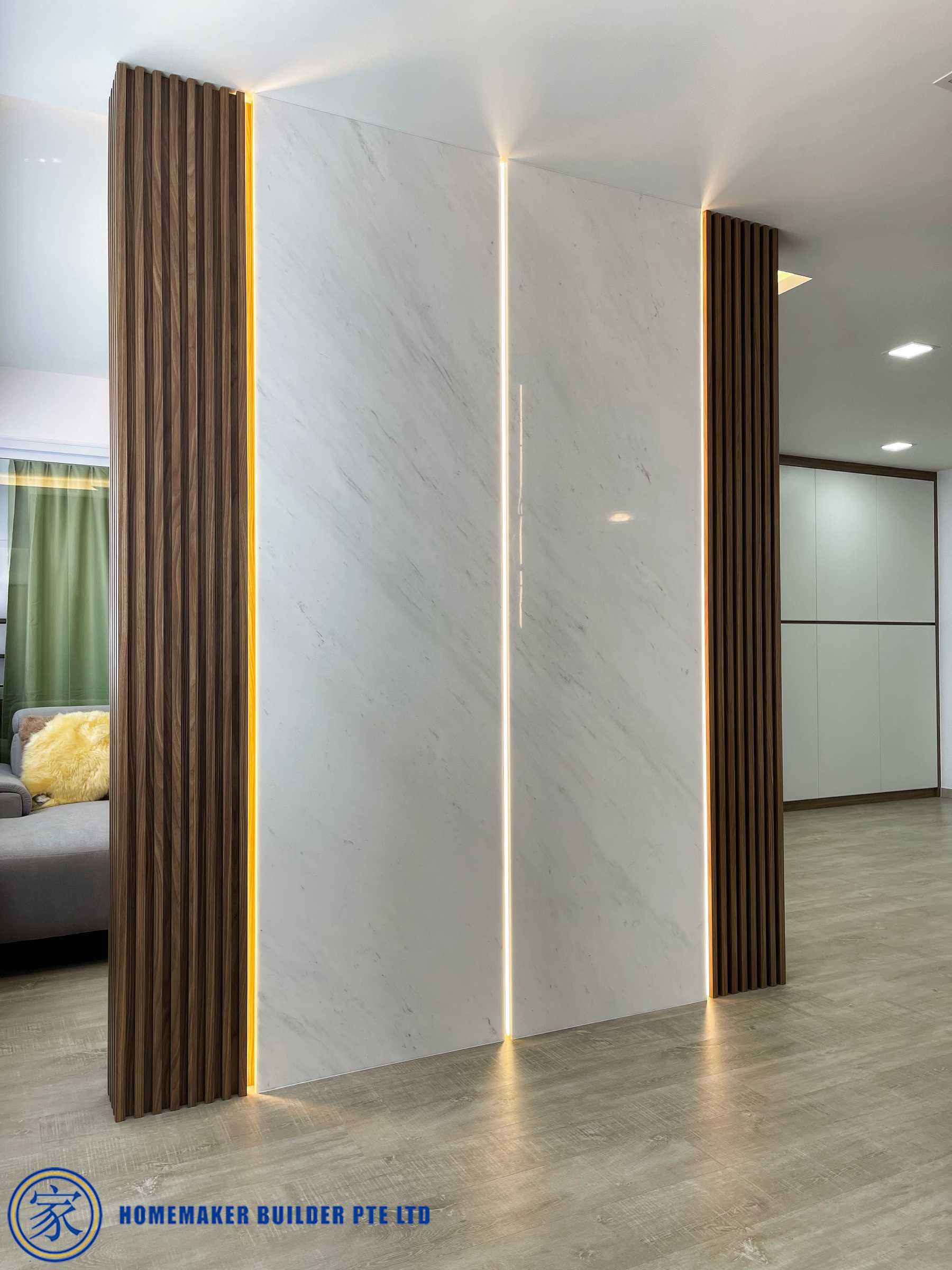 Contemporary Living Room with Vinyl Flooring and Feature Wall