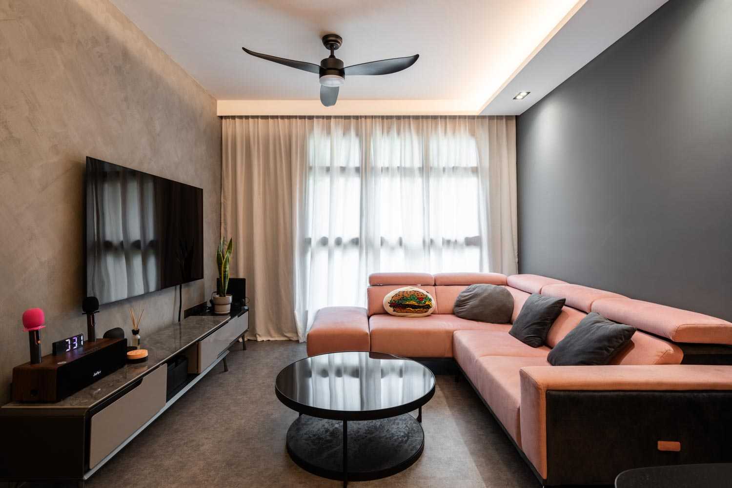 Modern Living Room with TV Console and Cove Lighting