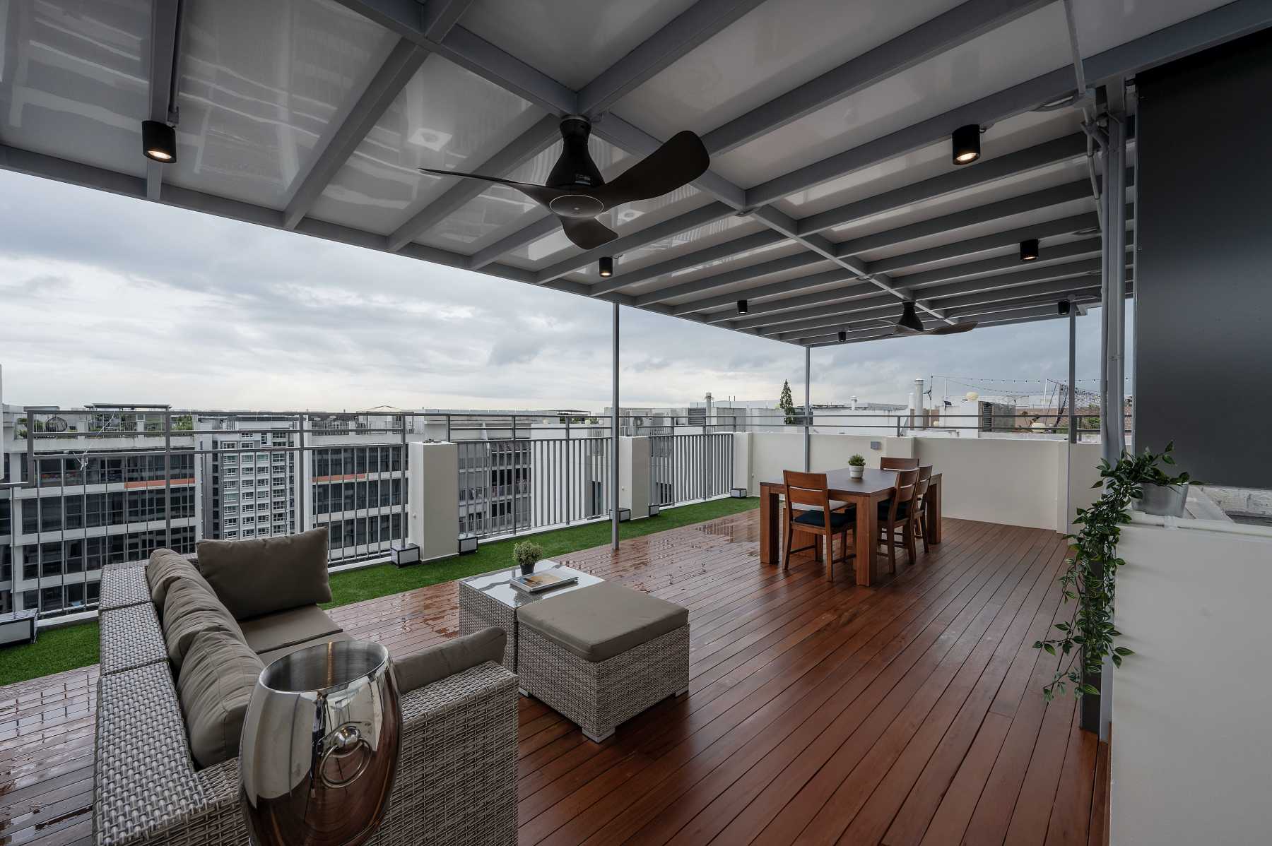 Minimalist Rooftop with Awning and Outdoor Table