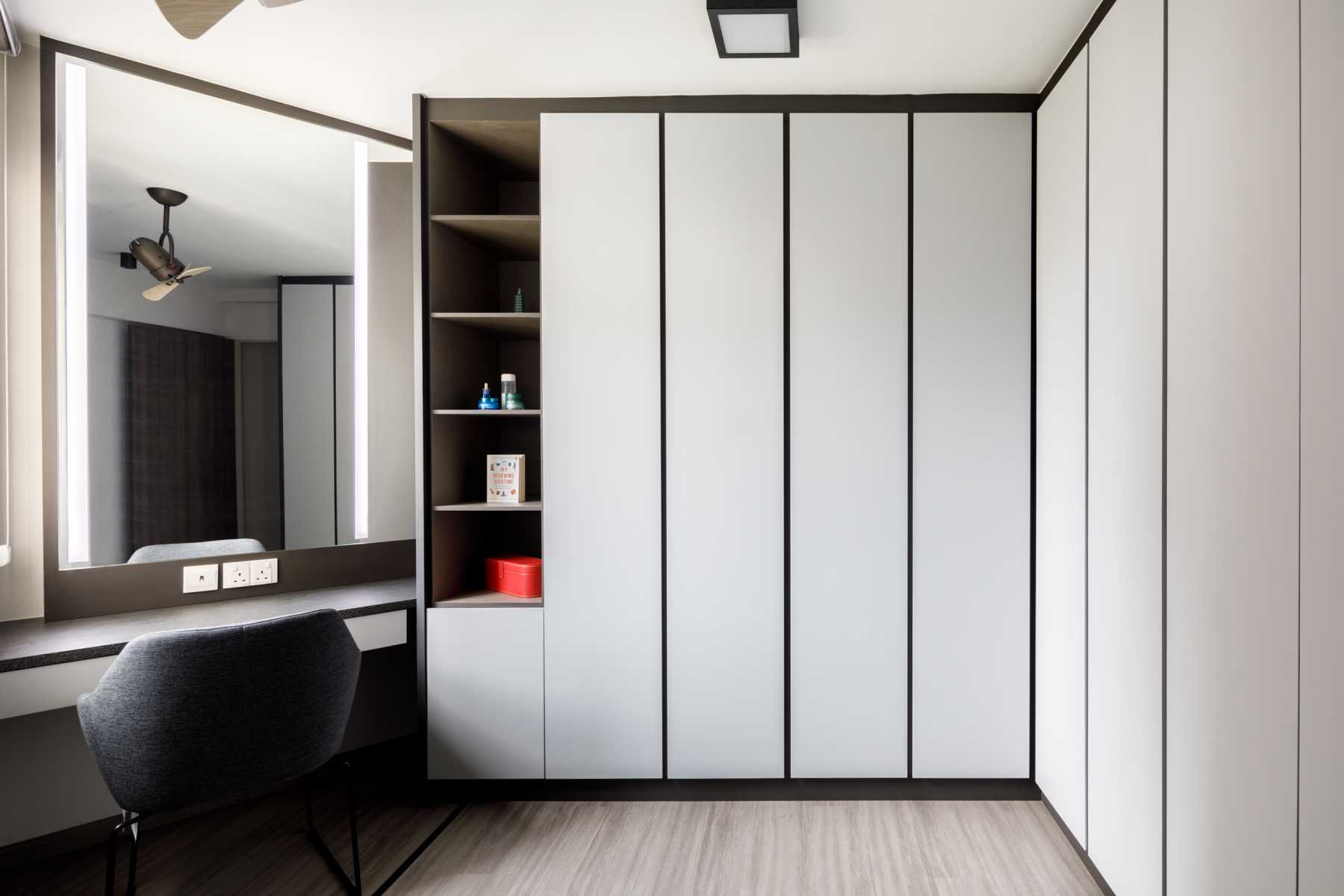 Modern Bedroom with Homogeneous Tiles and Wardrobe