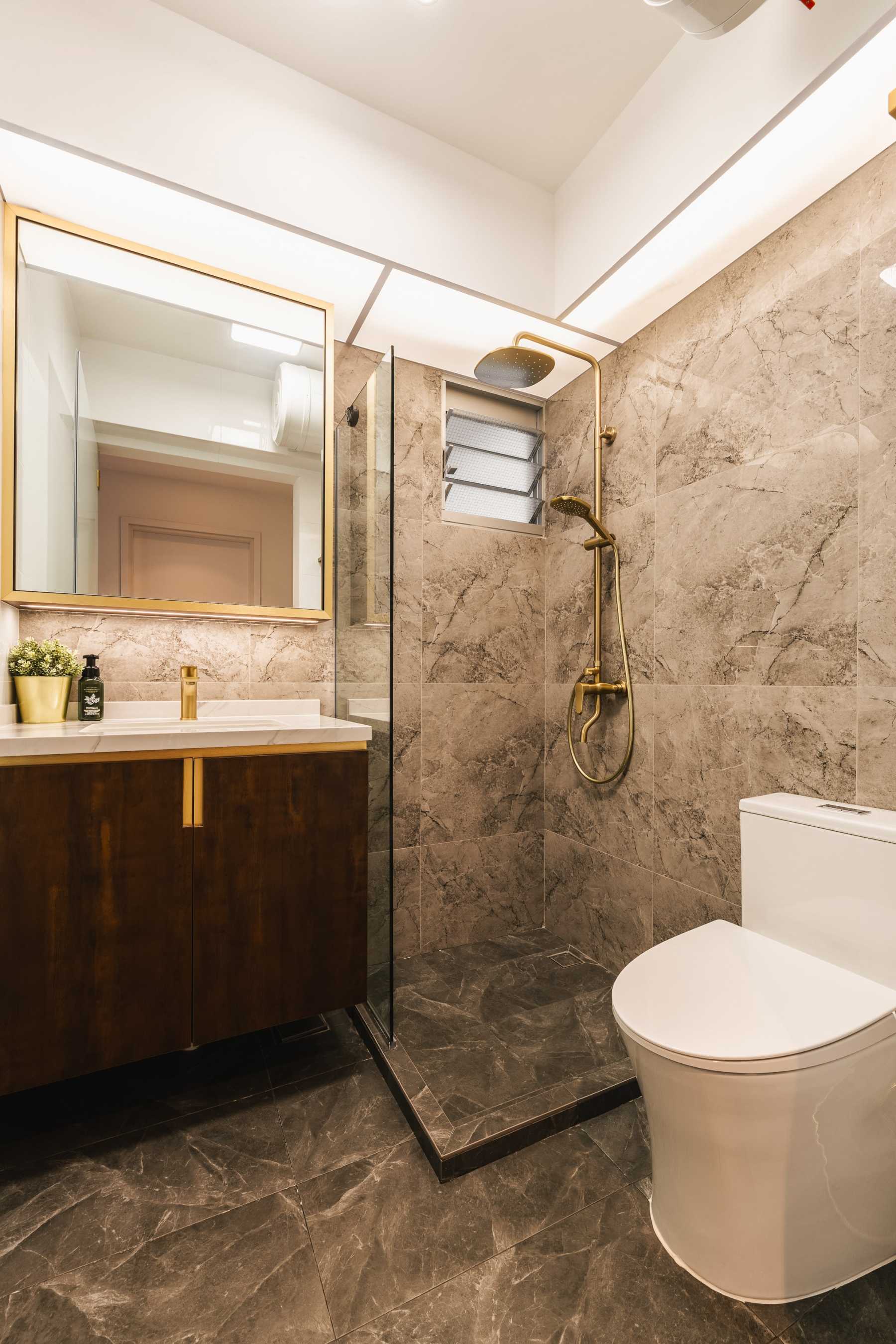 Modern Bathroom with Wood Flooring and Mirror