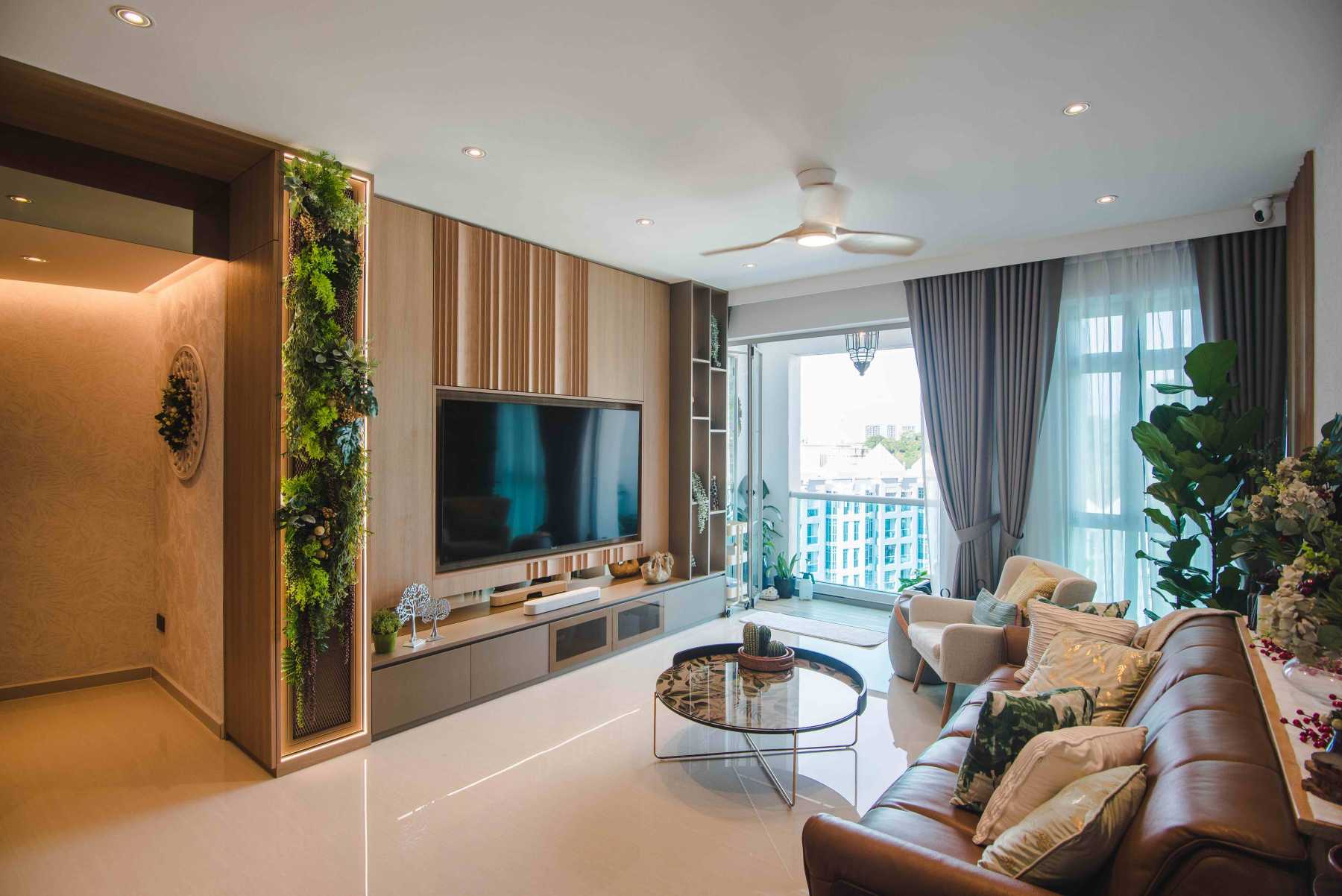 Contemporary Living Room with Homogeneous Tiles and TV Console