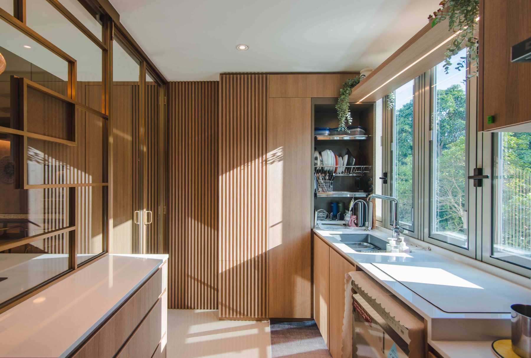 Contemporary Kitchen with Countertop and Homogeneous Tiles