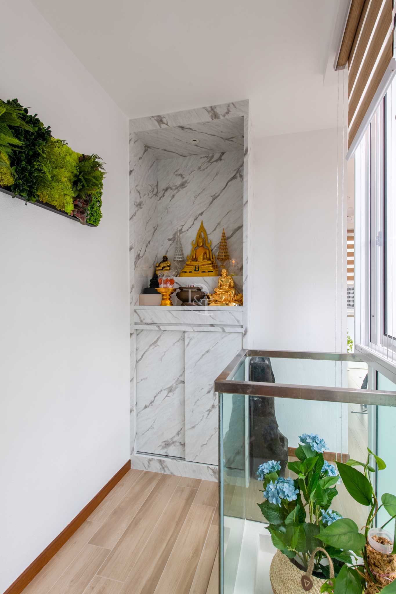 Eclectic Hallway with Wood Flooring and Feature Wall