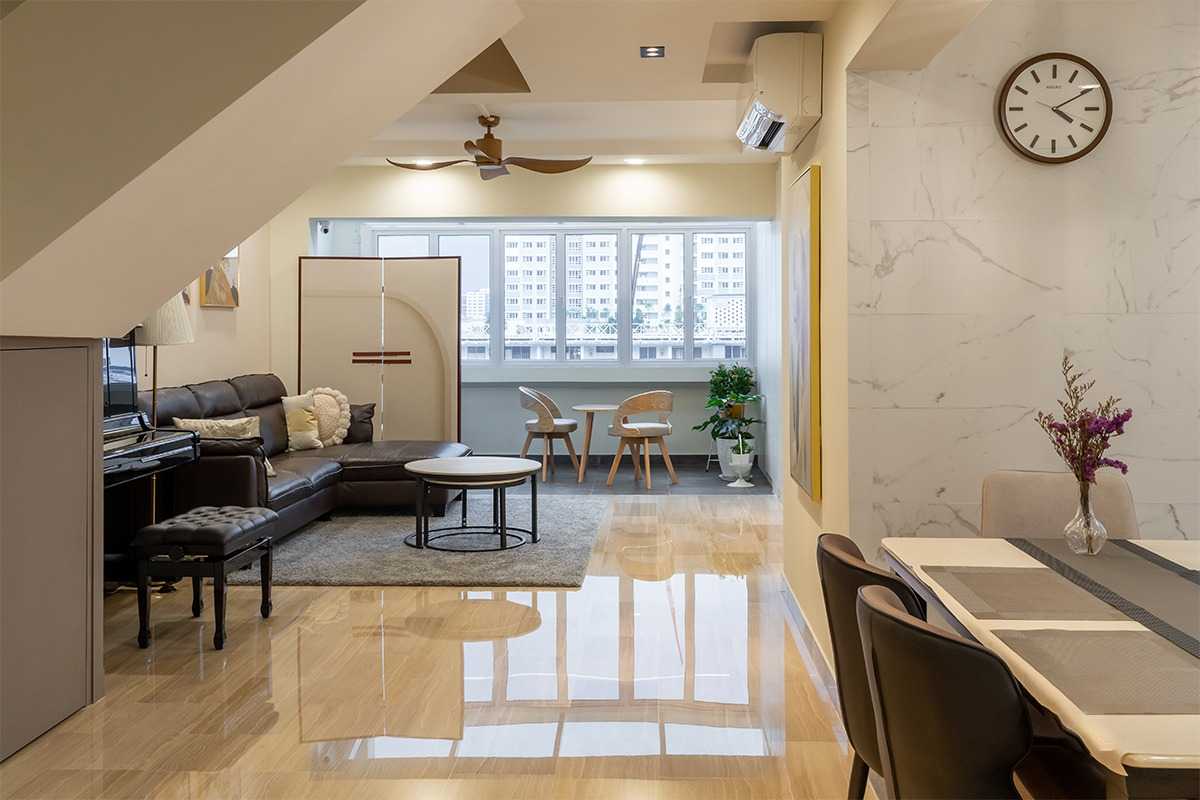 Modern Balcony with Marble Floor and Bay Window