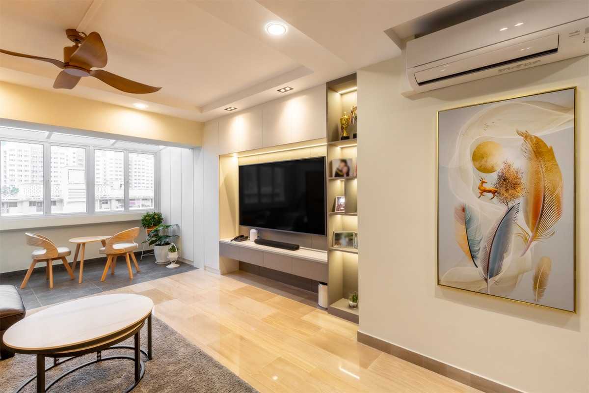 Modern Living Room with Homogeneous Tiles and TV Console