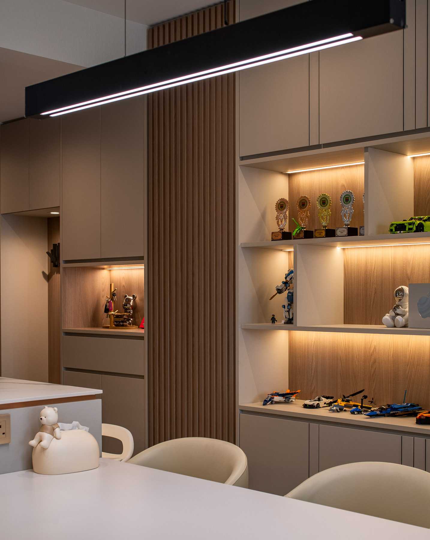 Contemporary Living Room with Feature Wall and Wood Feature Wall