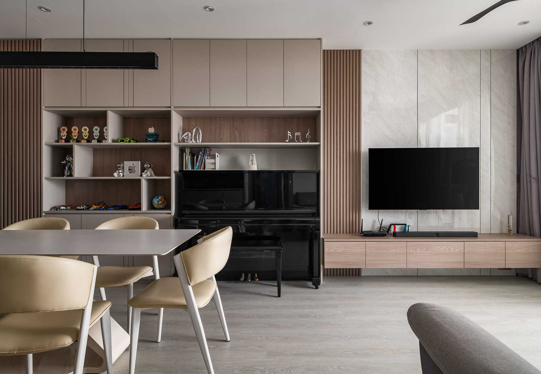 Contemporary Living Room with TV Console and Feature Wall