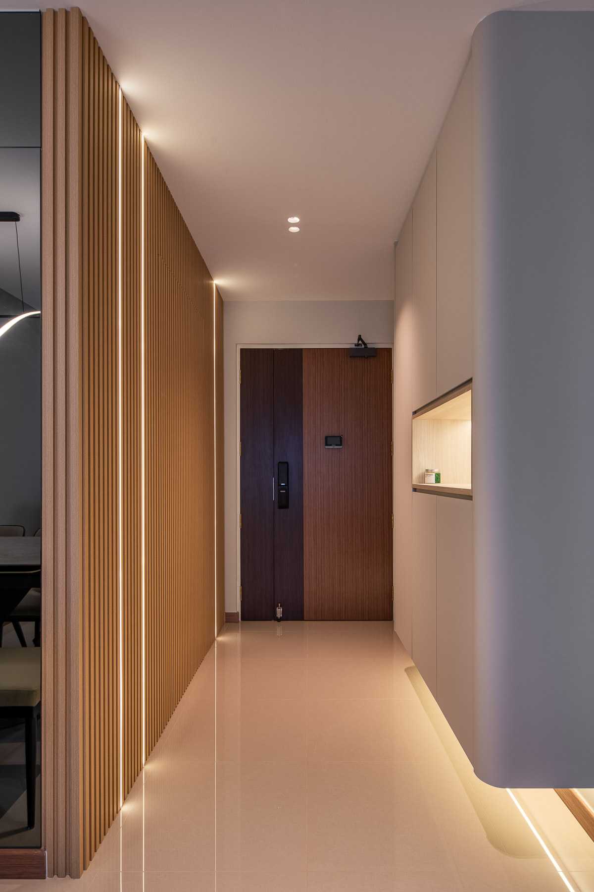 Scandinavian Entryway with Seating Bench and Shoe Cabinets