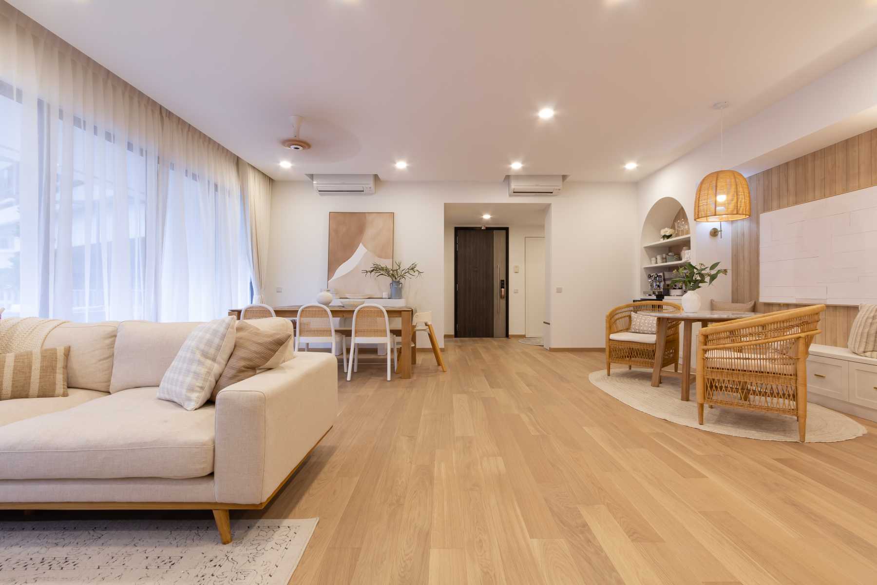 Scandinavian Living Room with Drop Ceiling and Side Table
