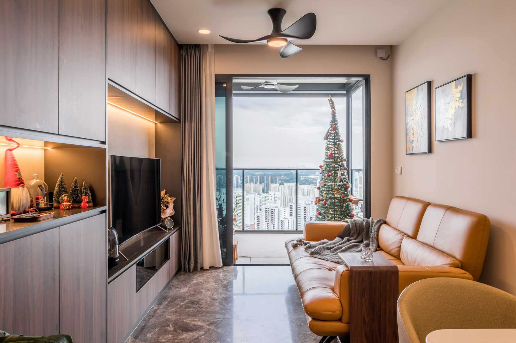 Modern Living Room with TV Console and Drop Light