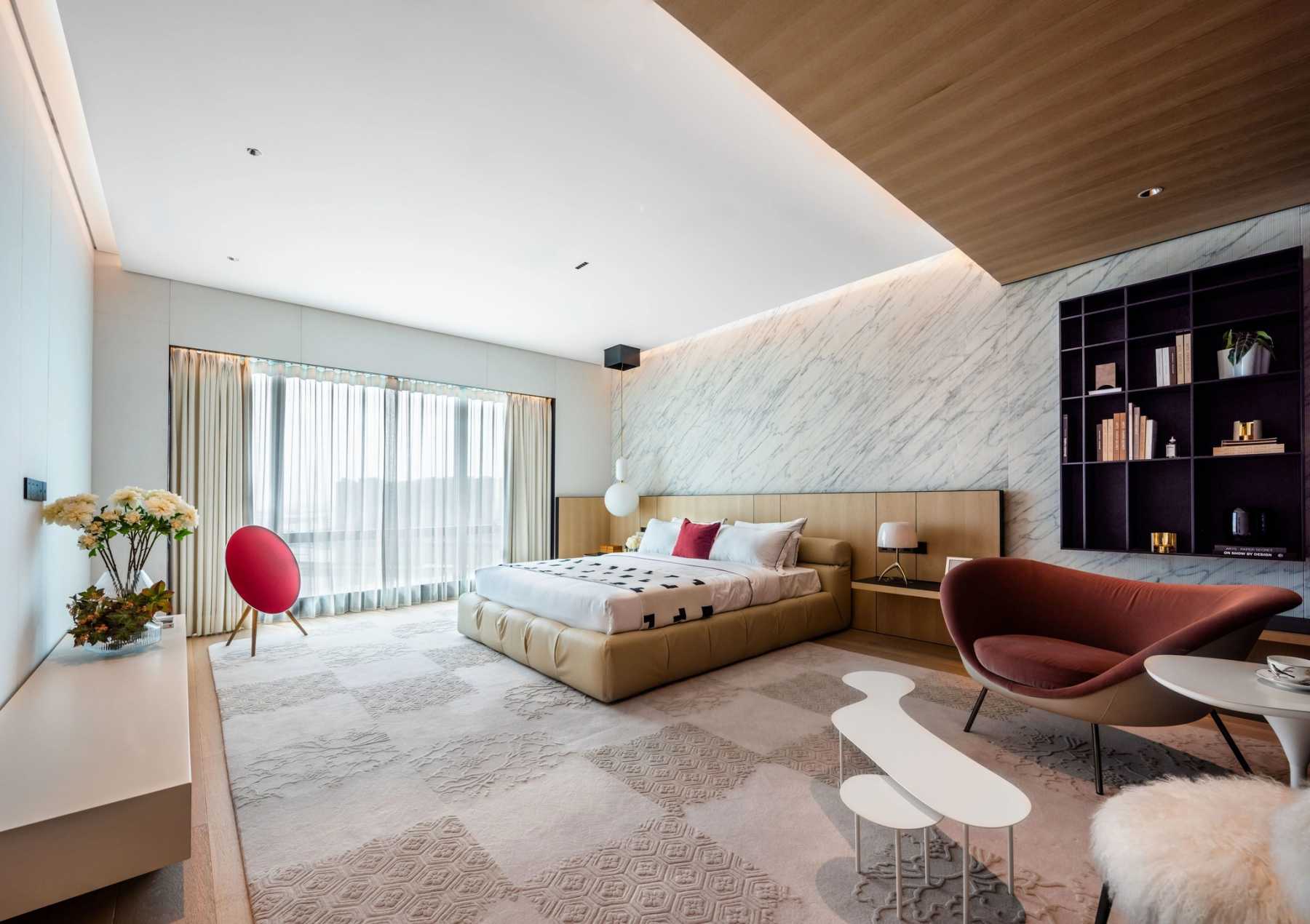 Contemporary Bedroom with Parquet Floor and TV Console