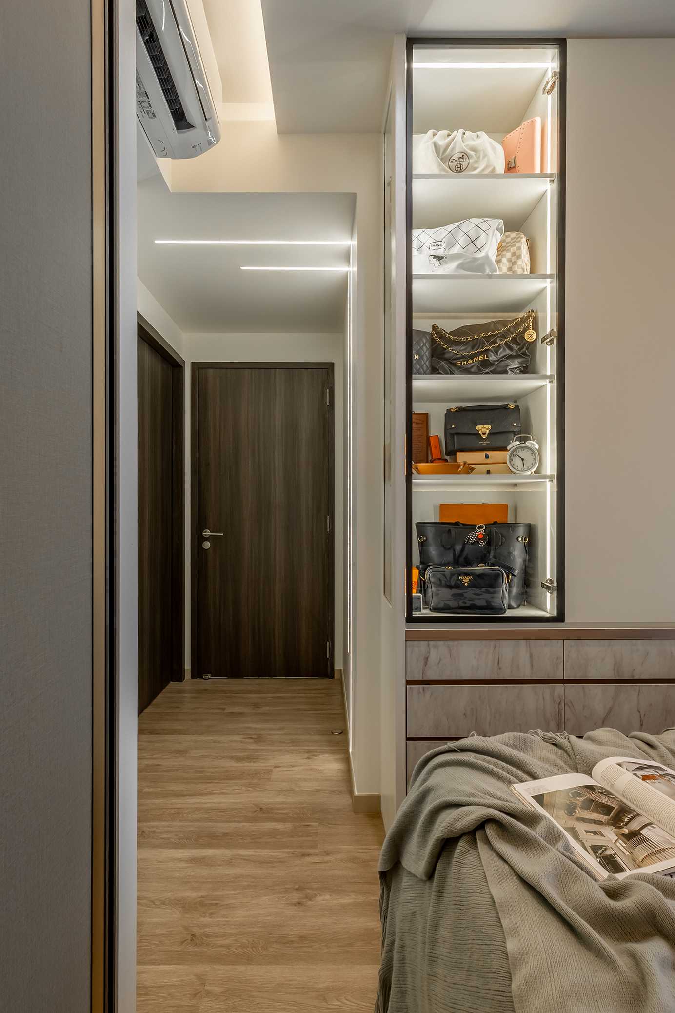 Contemporary Bedroom with Vinyl Flooring and Drop Light