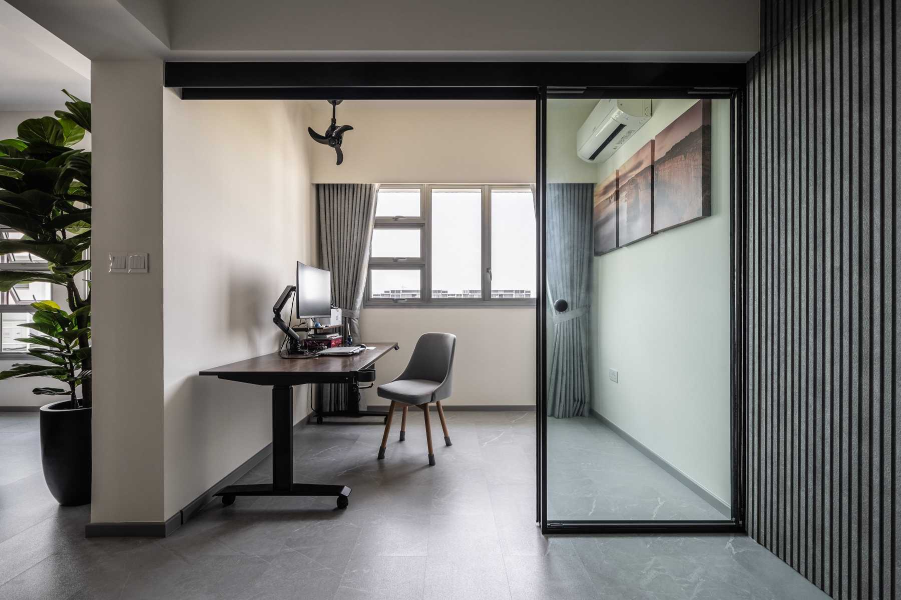 Contemporary Study with Ceiling Light and Chandelier
