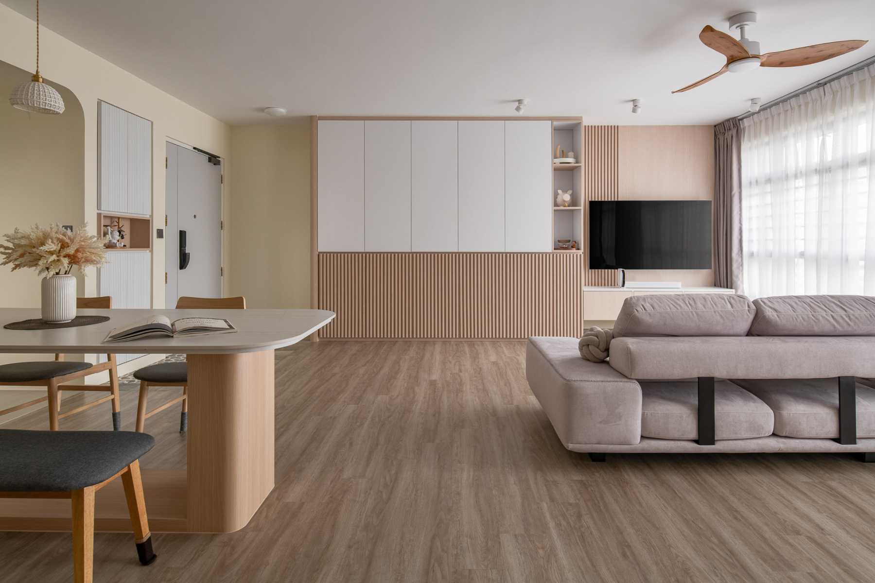 Scandinavian Living Room with Vinyl Flooring and TV Console