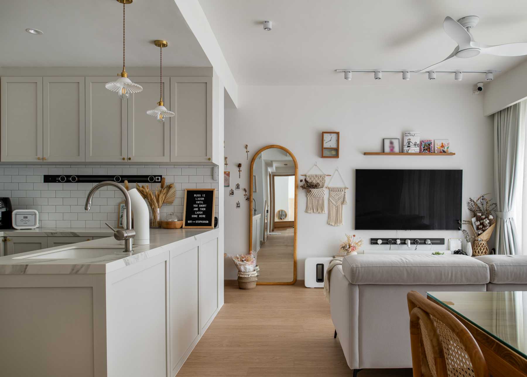 Country Living Room with TV Console and Drop Light