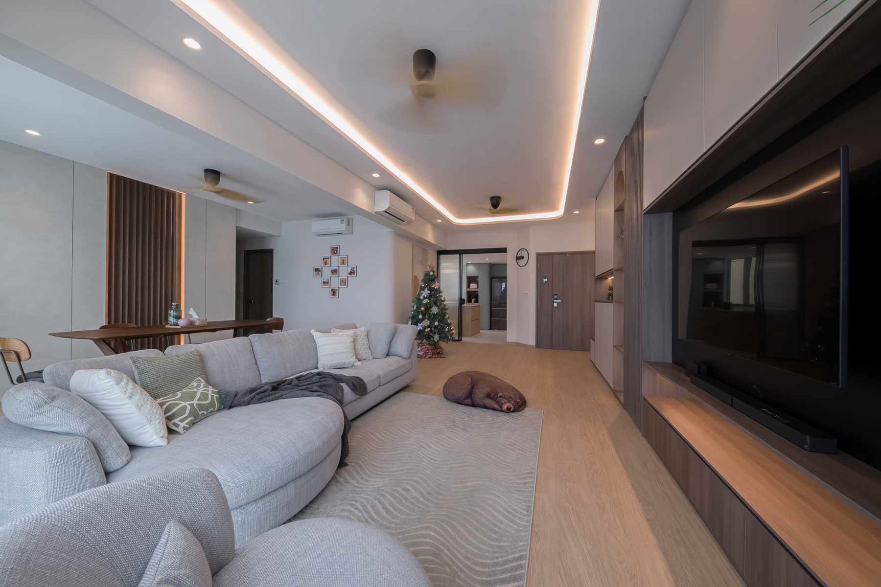 Scandinavian Living Room with TV Console and Feature Wall