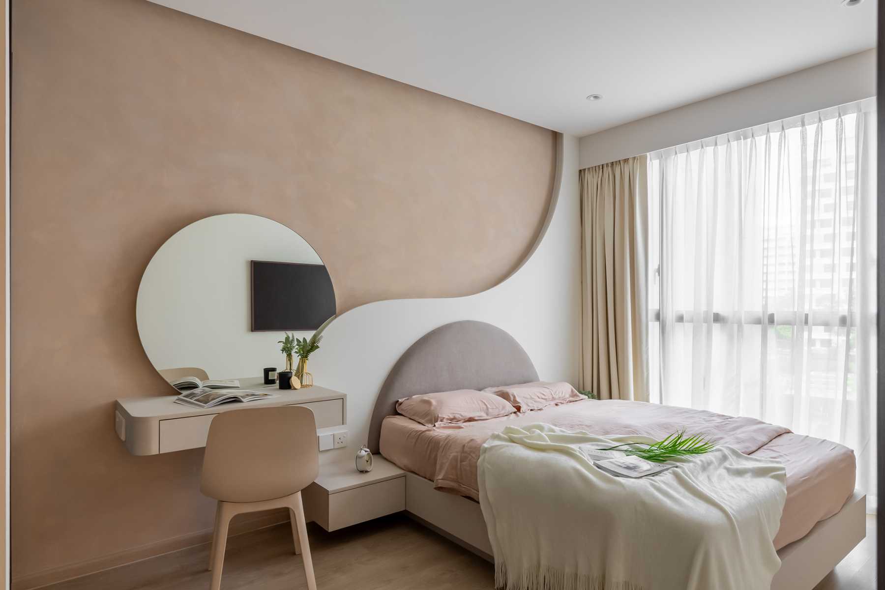 Minimalist Bedroom with Vinyl Flooring and Built-in Bed