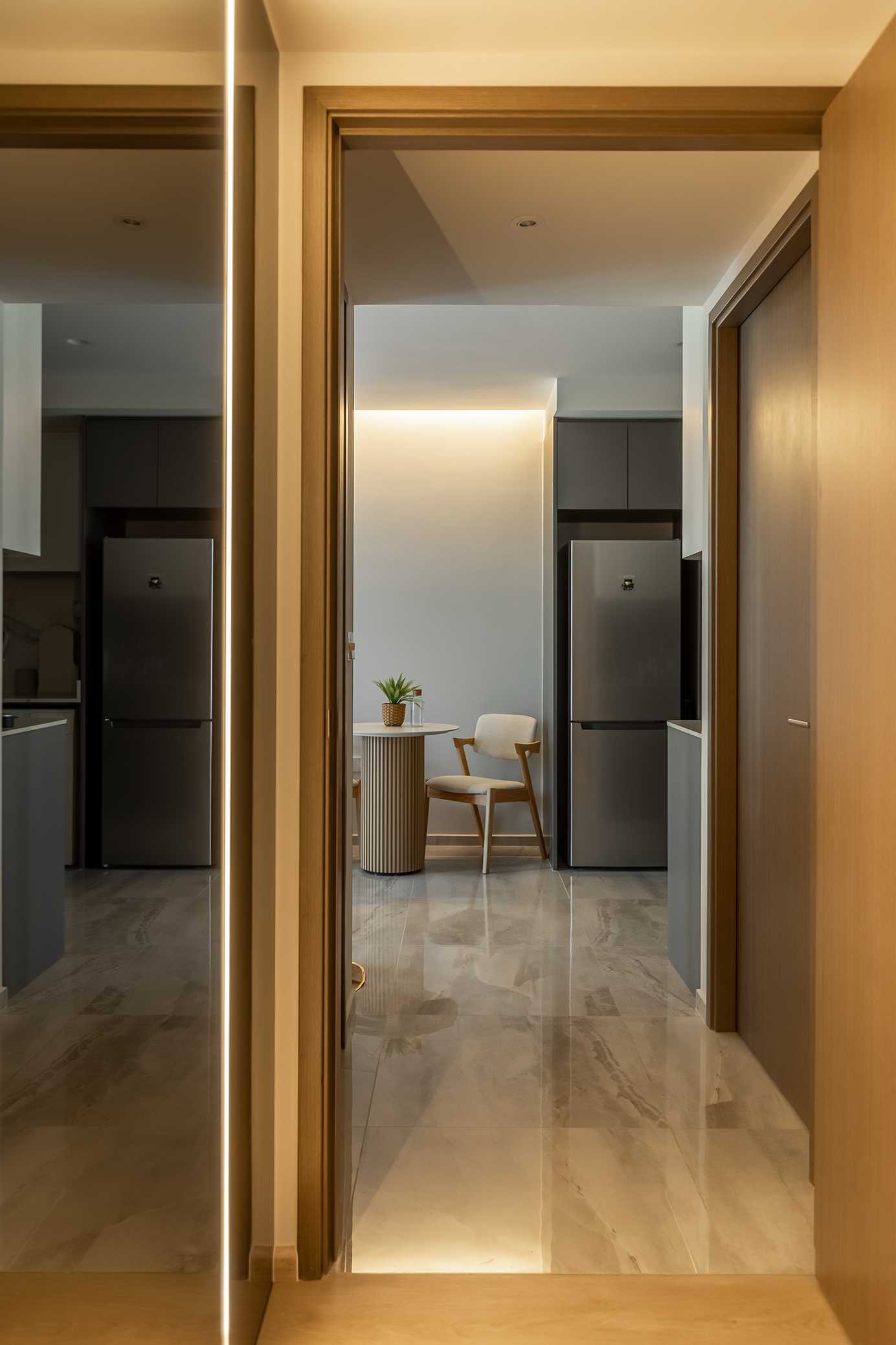 Minimalist Living Room with Homogeneous Tiles and Display Cabinets