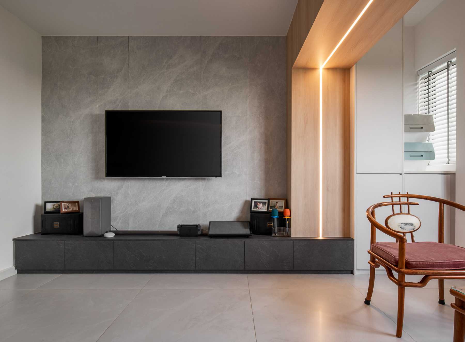 Scandinavian Living Room with TV Console and Feature Wall