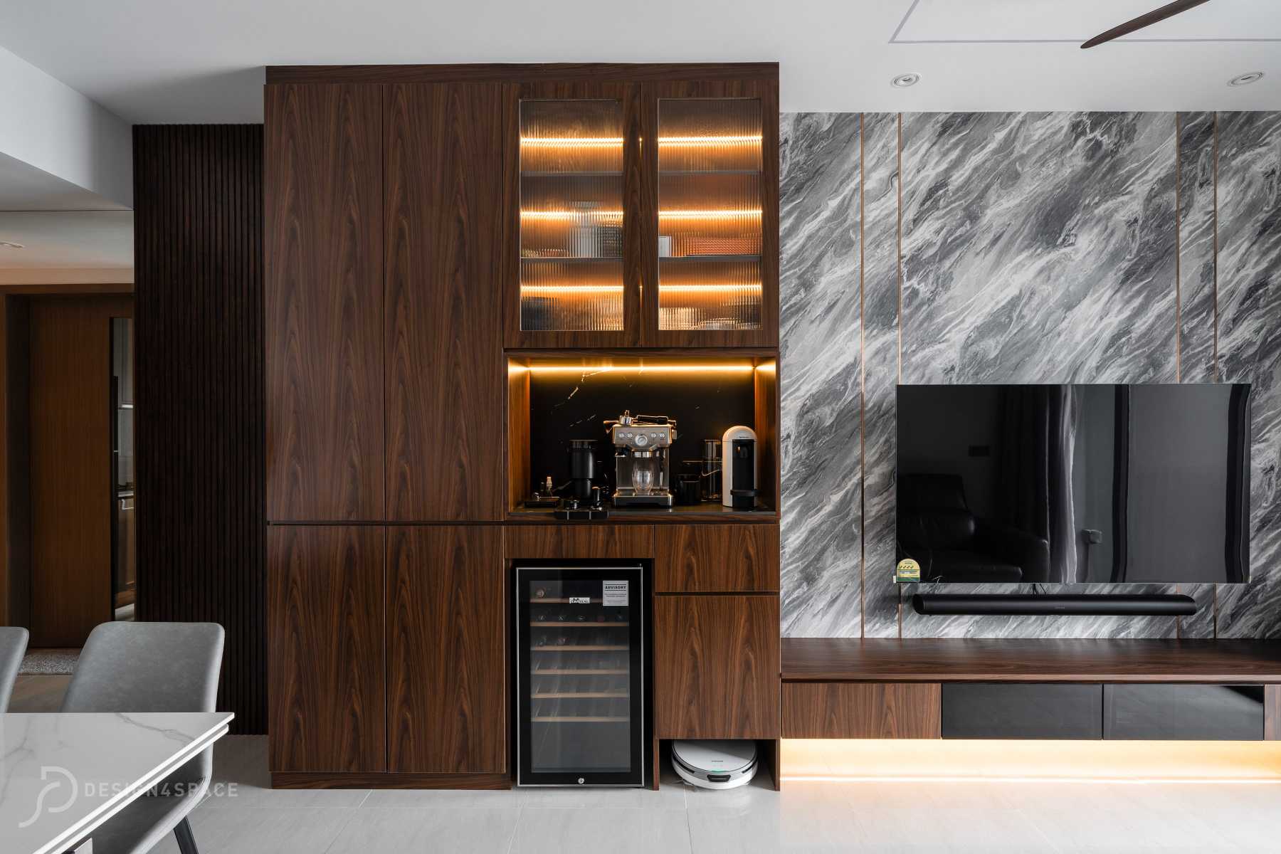 Contemporary Living Room with TV Console and Feature Wall