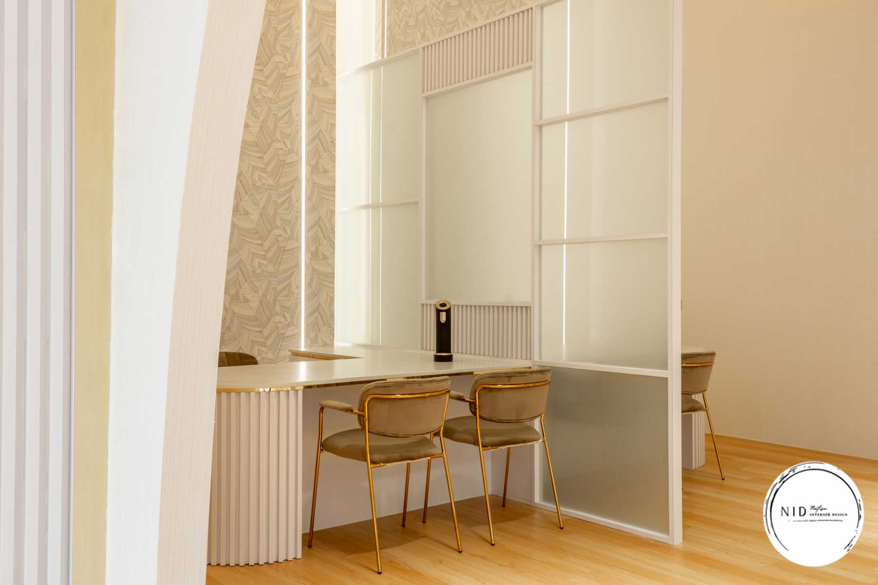 Minimalist Workstation with Desk and Desk Chairs