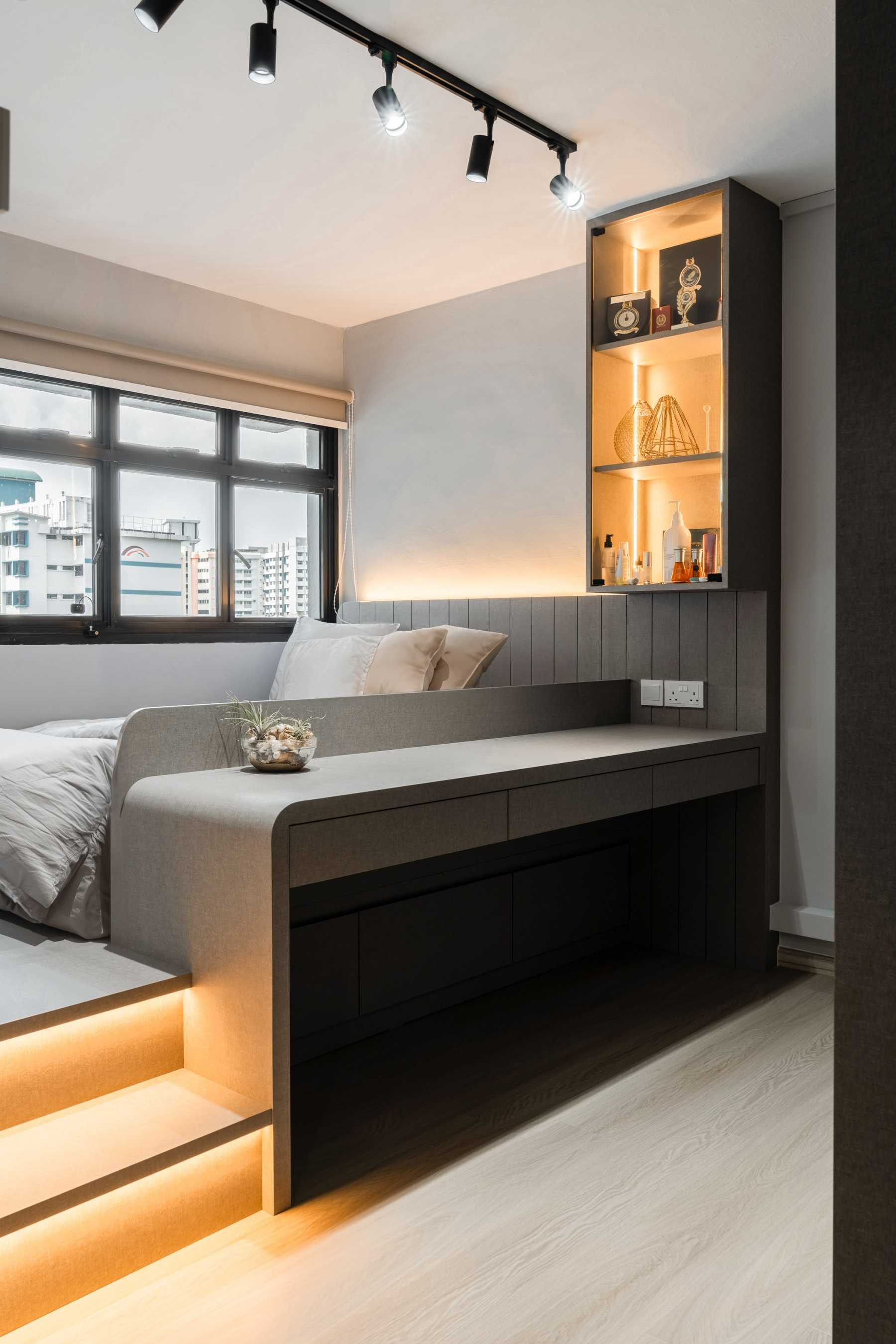 Contemporary Bedroom with Platform Bed and Vinyl Flooring