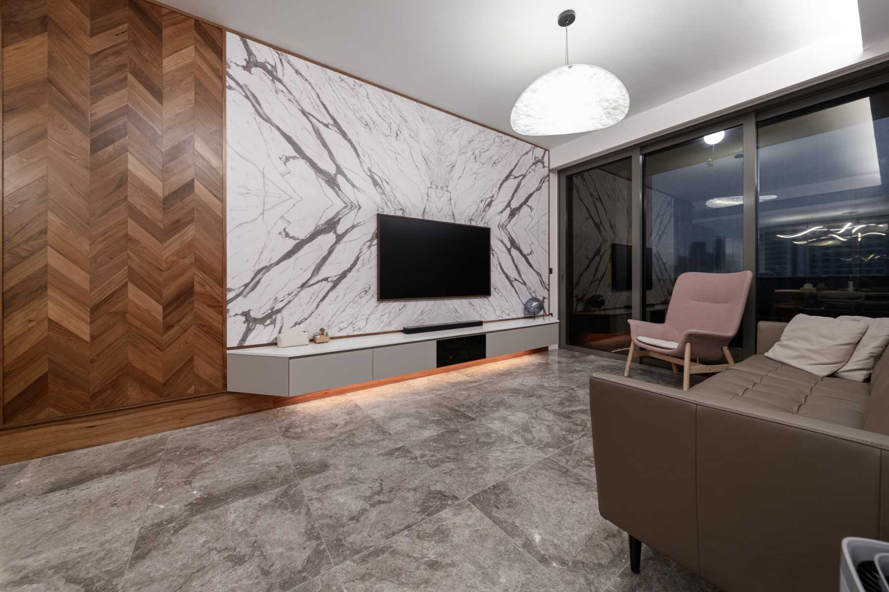 Modern Living Room with Granite Floor and TV Console