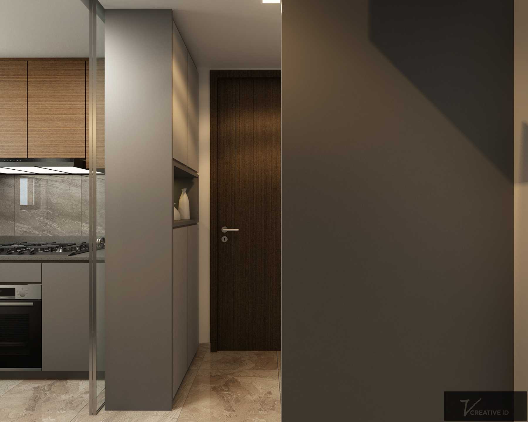 Contemporary Hallway with Bookshelf and Artwork