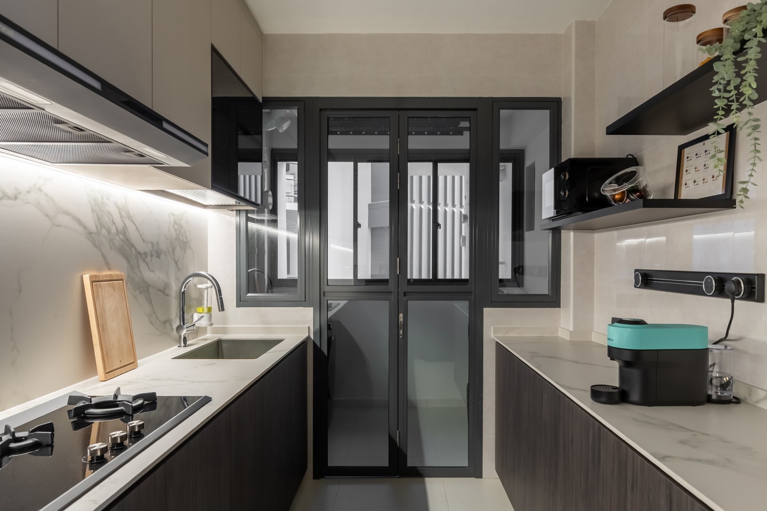 Contemporary Kitchen with Countertop and Herringbone Tiling