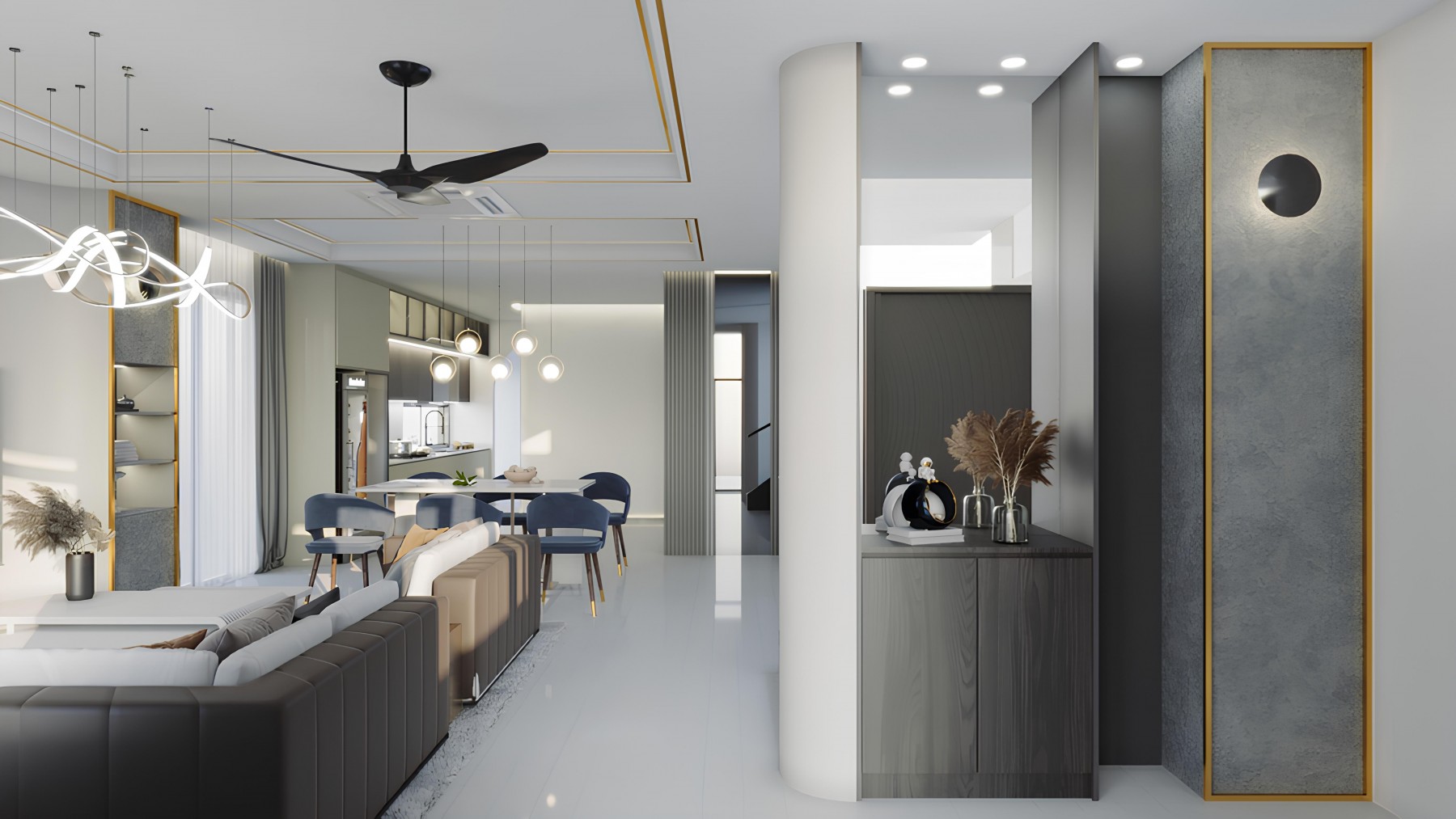 Modern Living Room with Cove Lighting and Chandelier