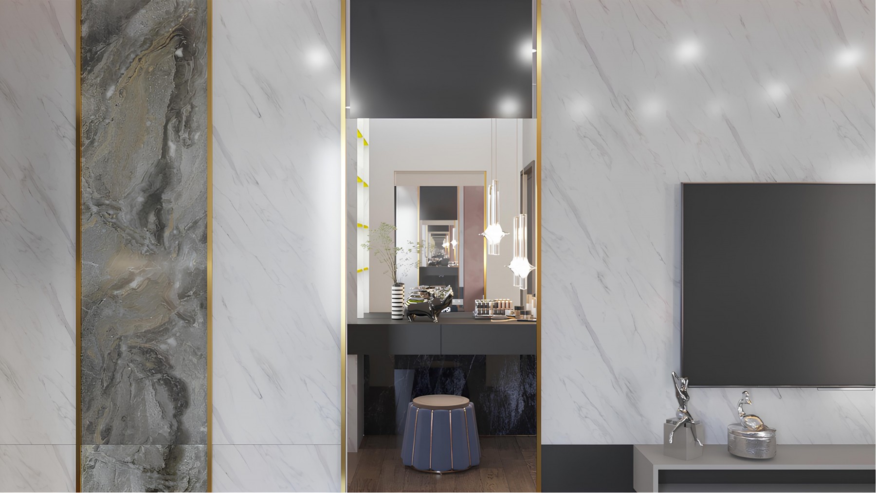Modern Bedroom with Mirror and Downlights
