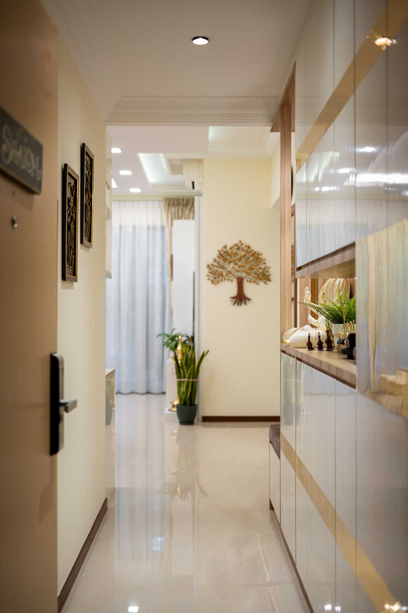 Modern Entryway with Settee and Homogeneous Tiles