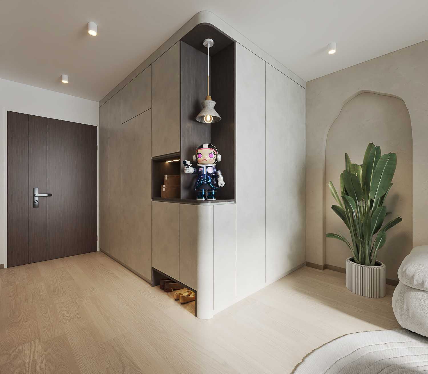 Contemporary Foyer with Artwork and Planters