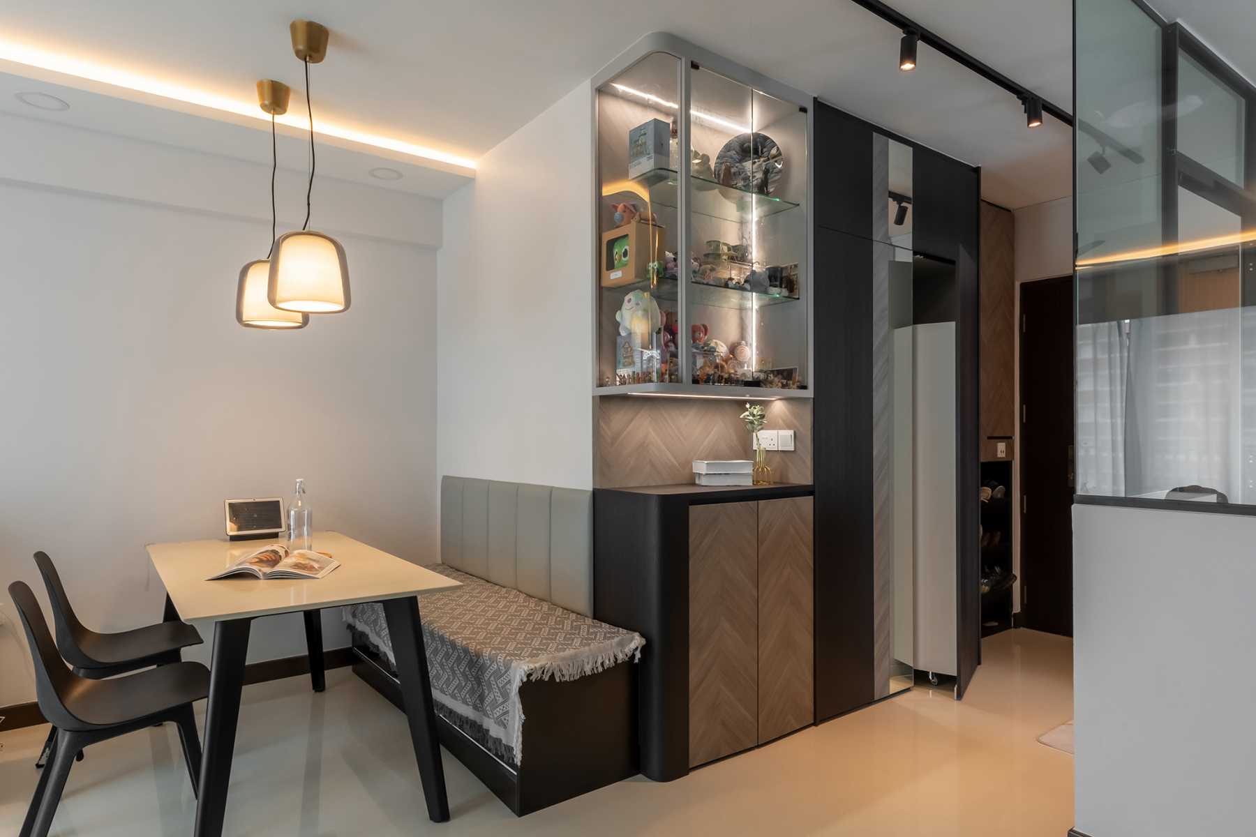 Contemporary Living Room with Homogeneous Tiles and TV Console