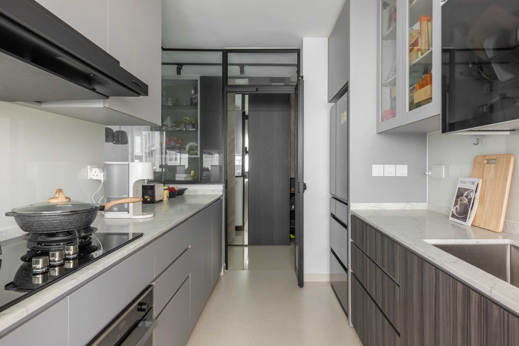Contemporary Kitchen with Kitchen Window and Cupboard