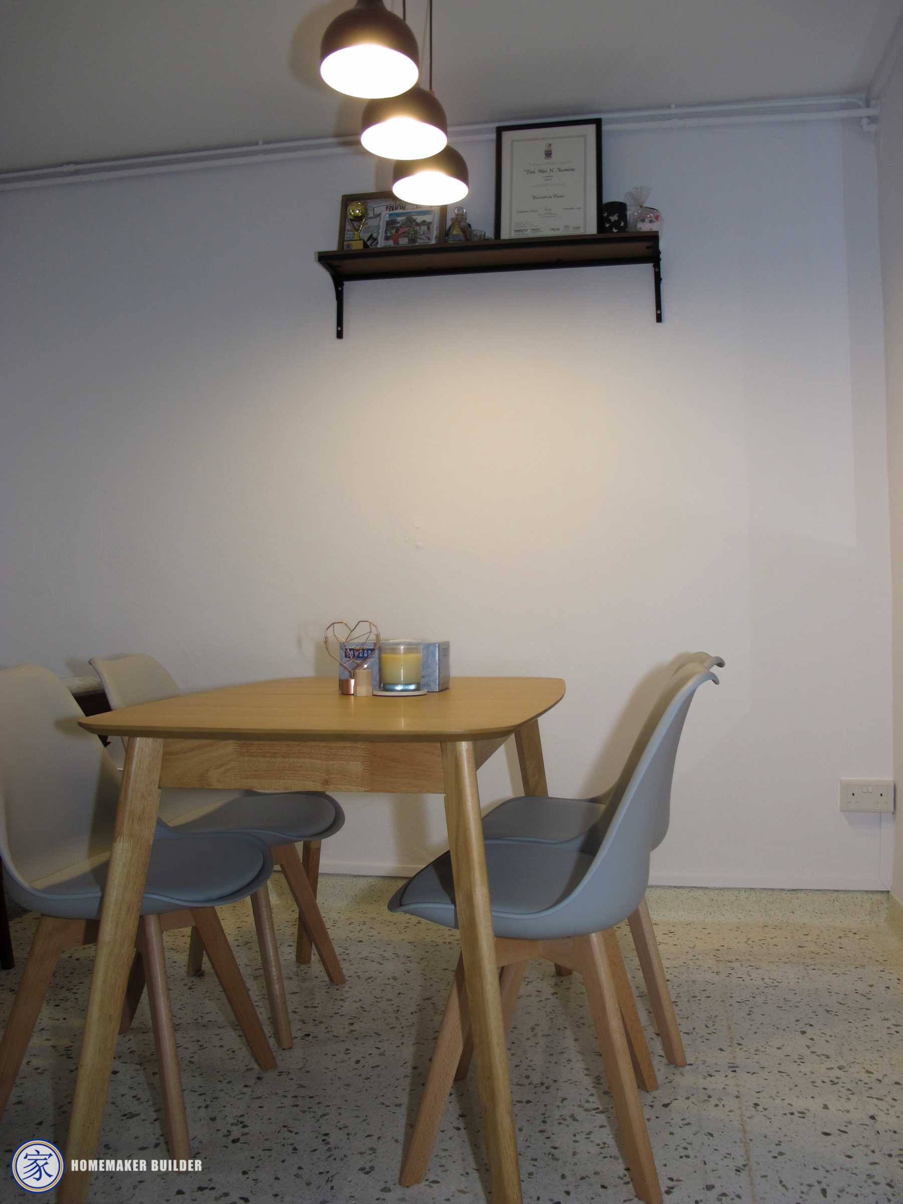 Vintage Dining Room with Homogeneous Tiles and Ceiling Light