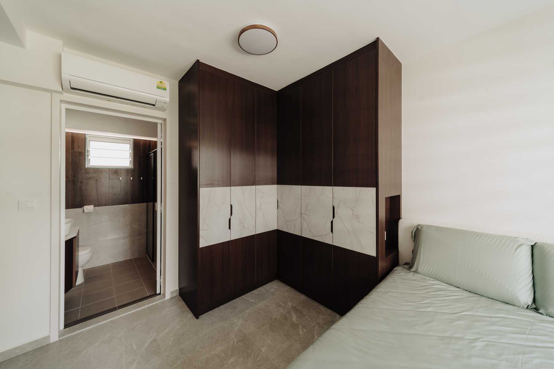 Minimalist Bedroom with Marble Floor and Wardrobe