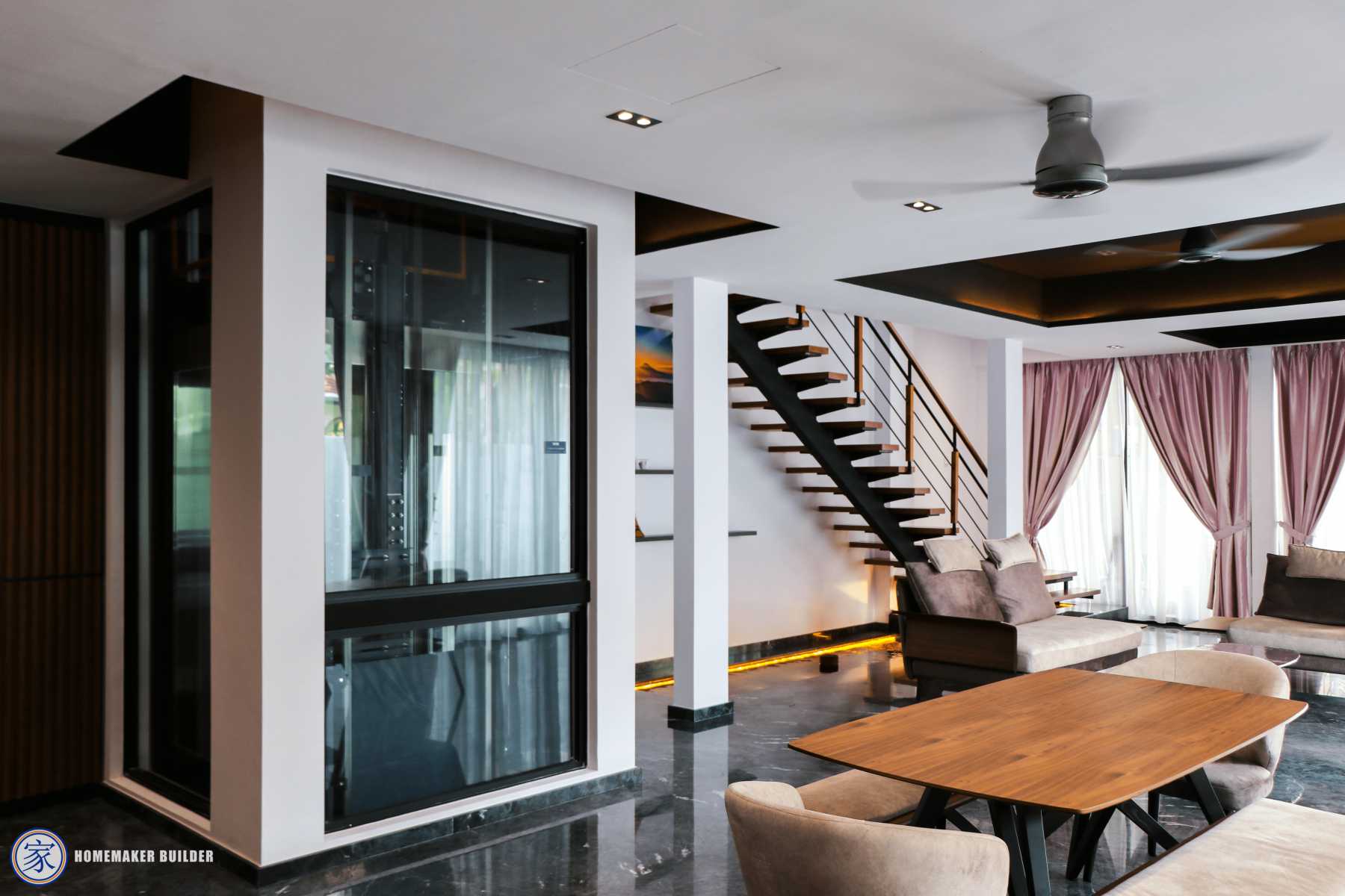 Modern Living Room with Staircase and Drop Ceiling