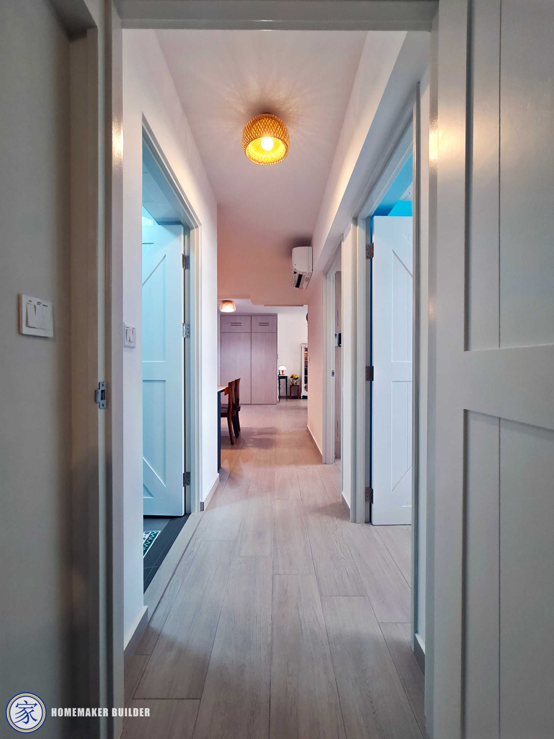 Vintage Hallway with Homogeneous Tiles and Storage Cabinets