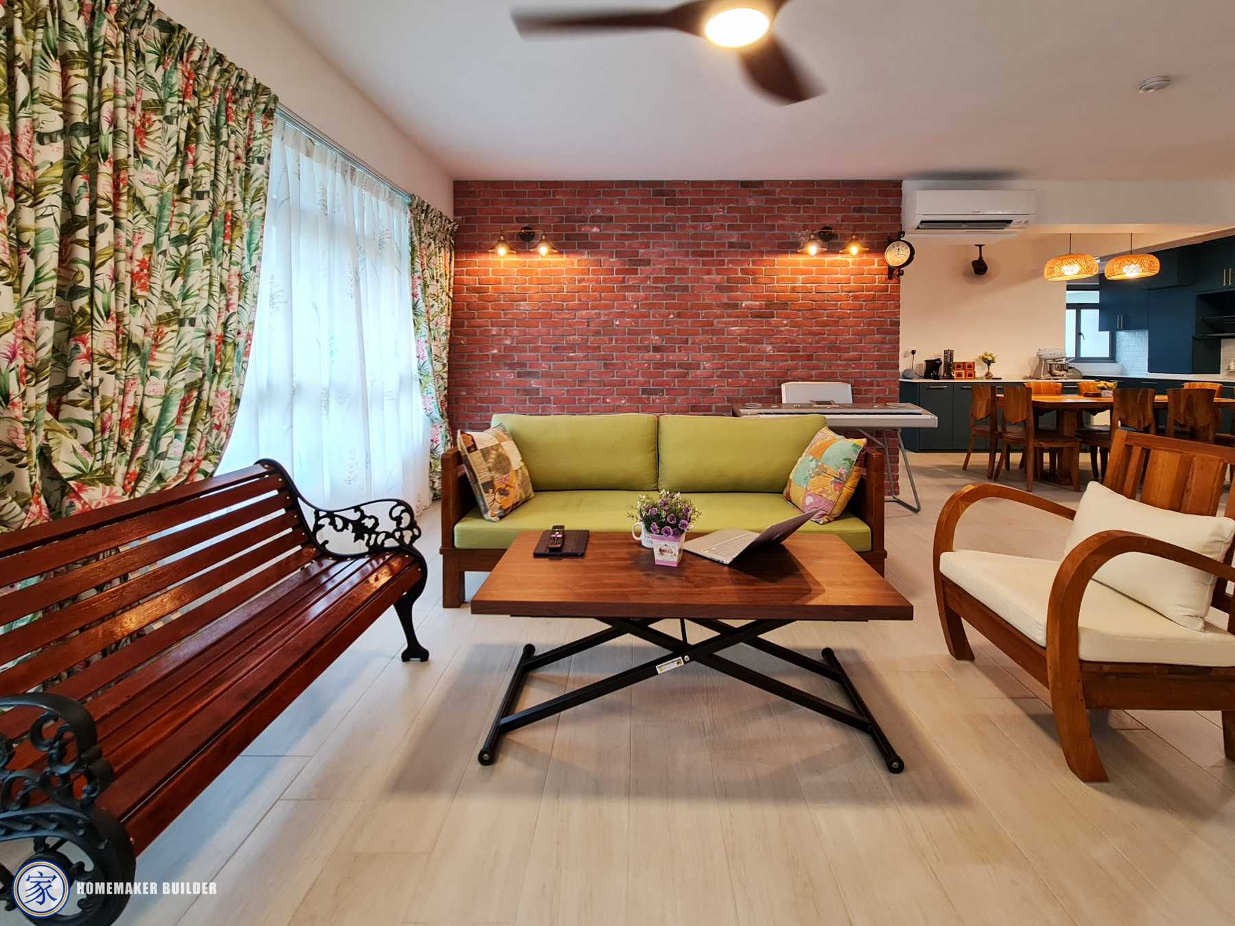 Vintage Living Room with Homogeneous Tiles and Feature Wall