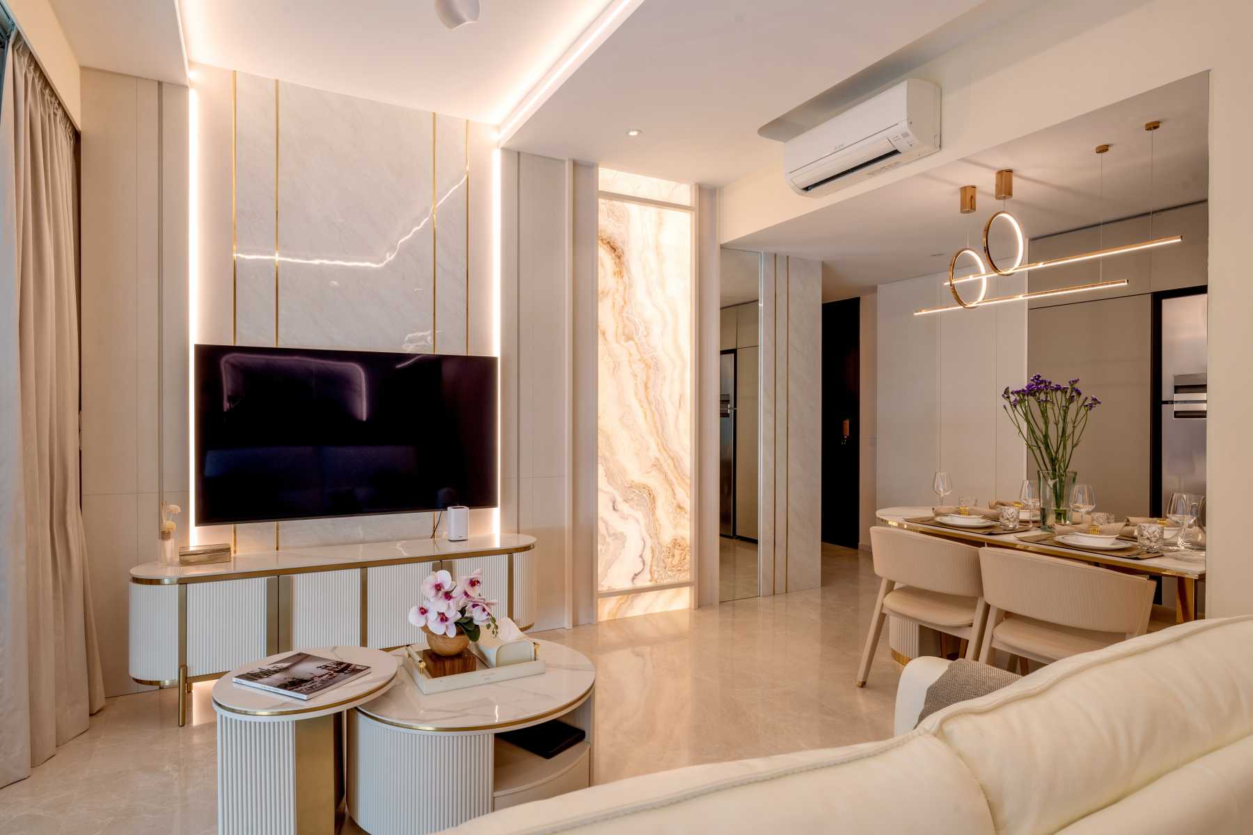 Contemporary Living Room with Feature Wall and Cove Lighting