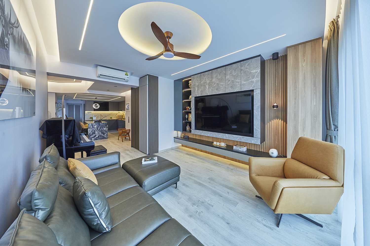 Contemporary Living Room with Vinyl Flooring and Cove Lighting