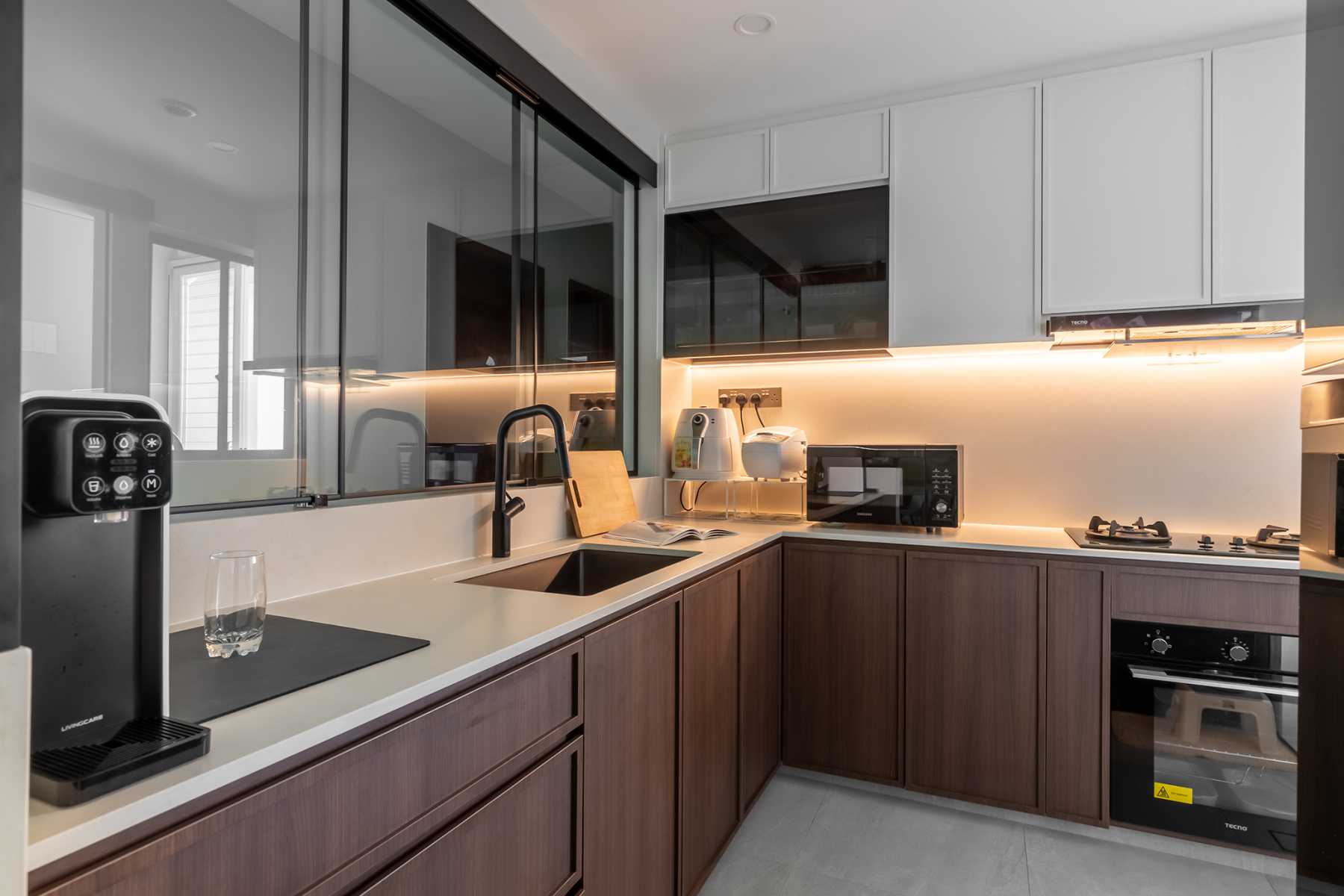 Contemporary Kitchen with Kitchen Window and Cupboard