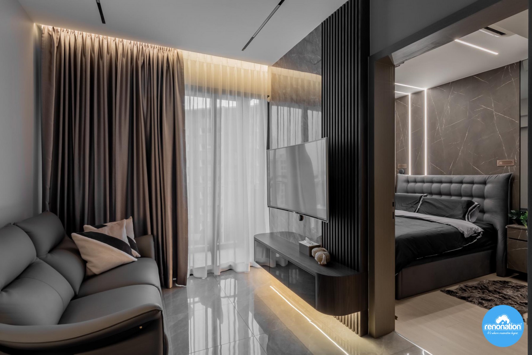 Modern Living Room with Homogeneous Tiles and TV Console