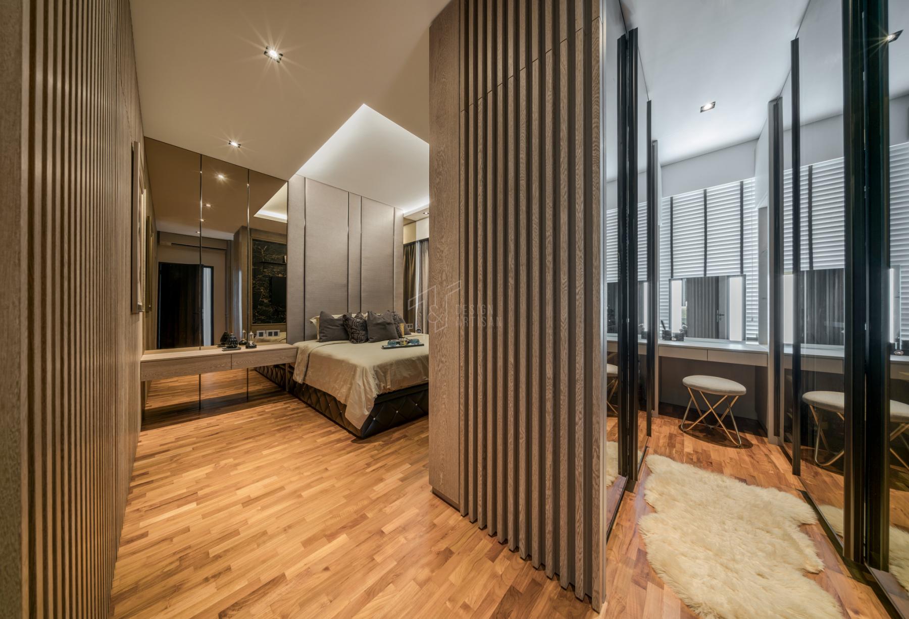 Modern Bedroom with Wood Flooring and Built-in Bed
