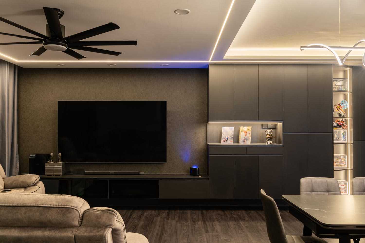 Modern Living Room with Bookshelf and Ceiling Light