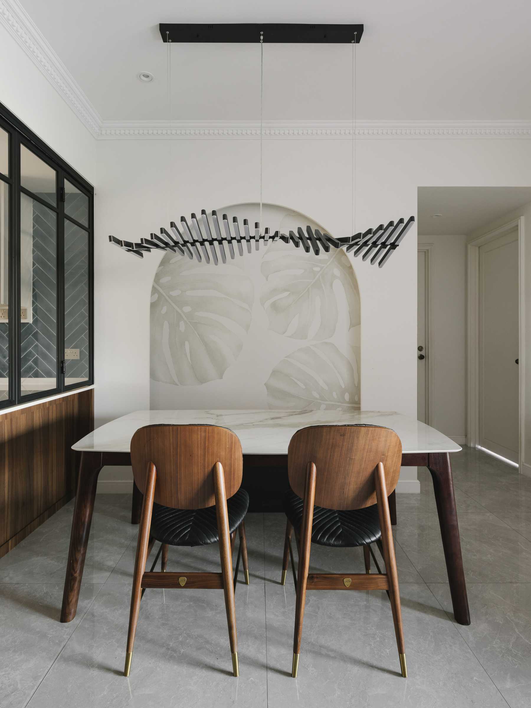 Contemporary Dining Room with Feature Wall and Ceiling Light