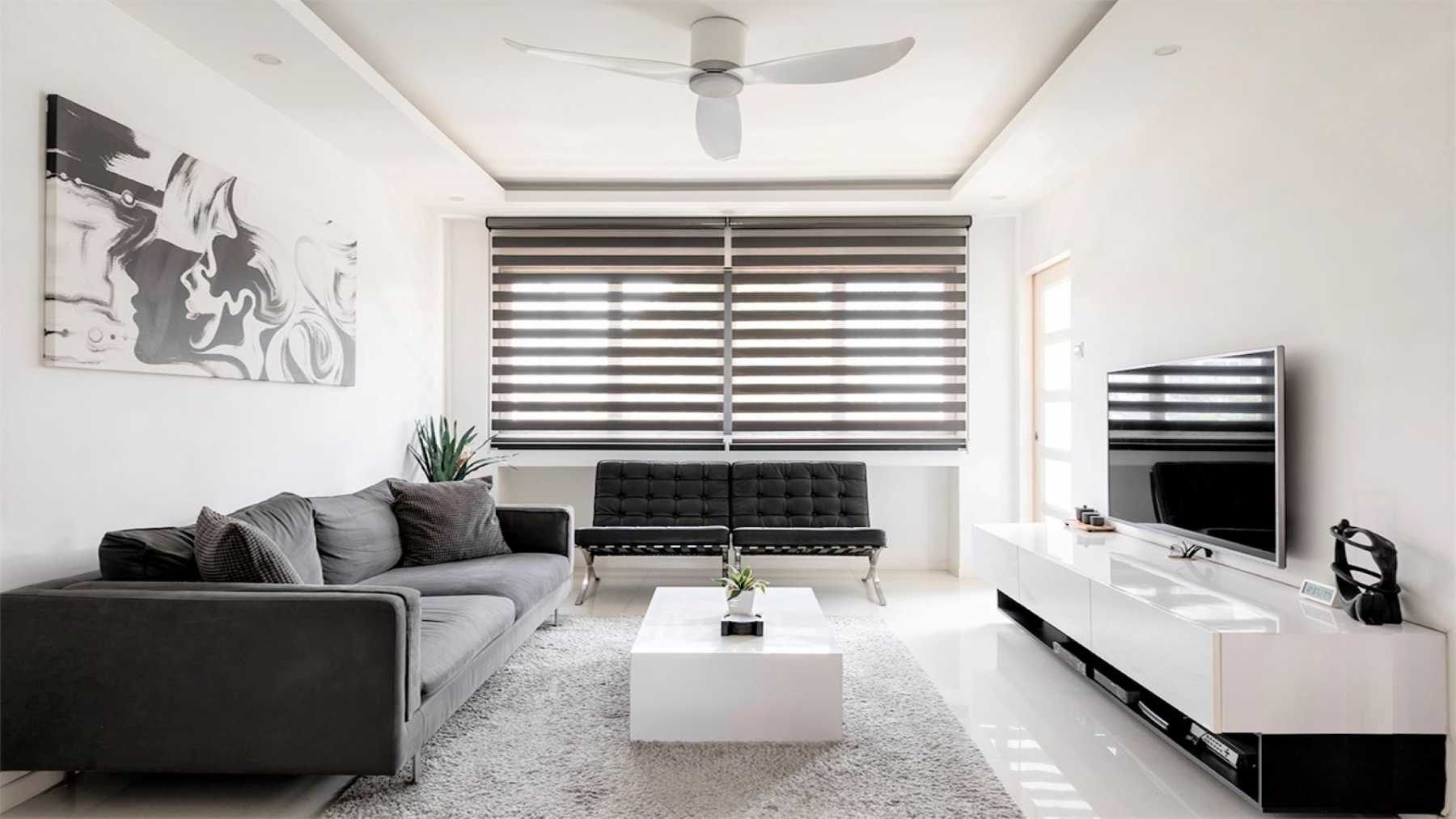 Modern Living Room with Homogeneous Tiles and Carpet